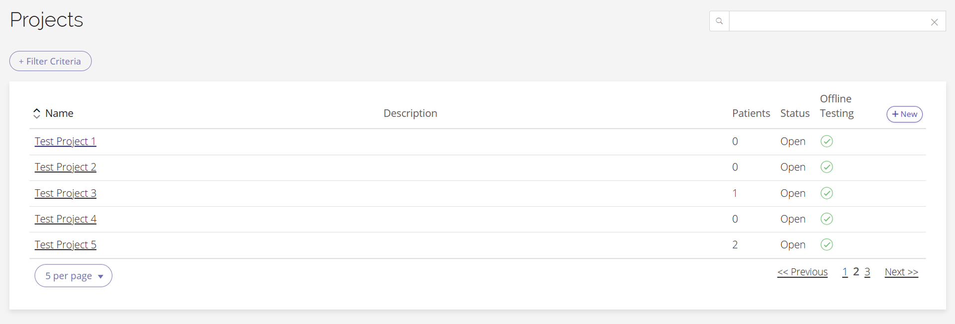 A screenshot of the Projects page in the Data Management Portal.