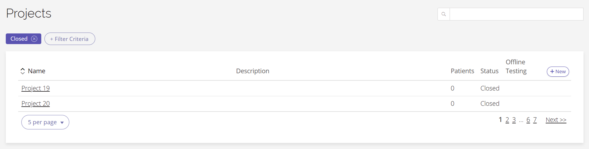 A screenshot of the Projects page being filtered for Closed projects.