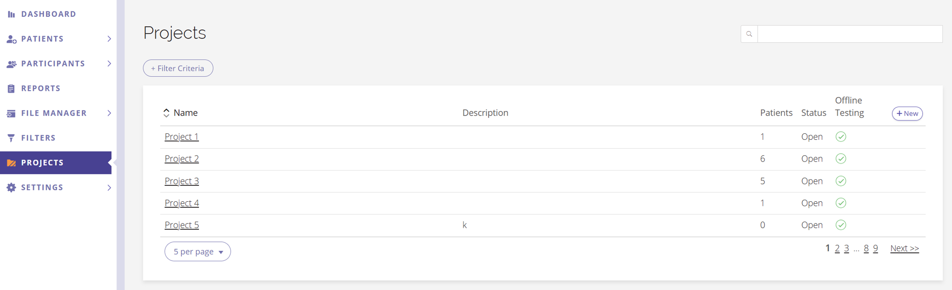 A screenshot of the Projects page.