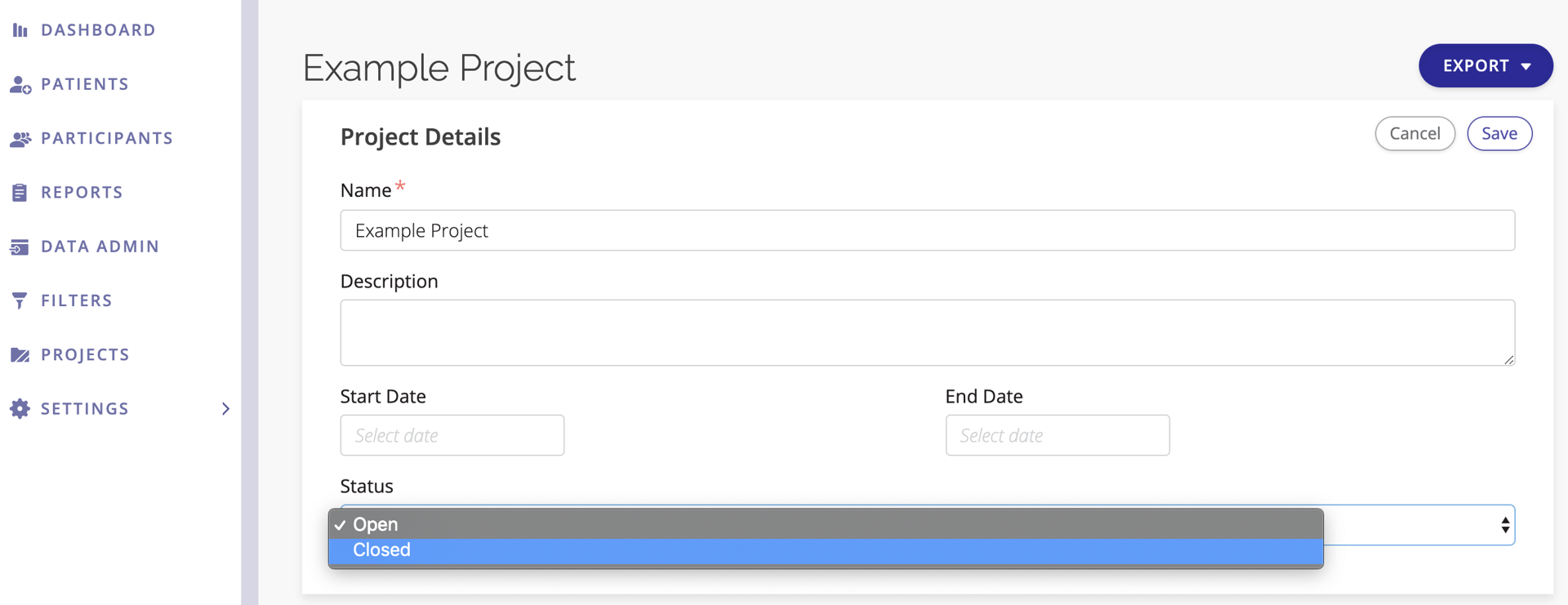 A screenshot of a project having its status changed from Open to Closed.