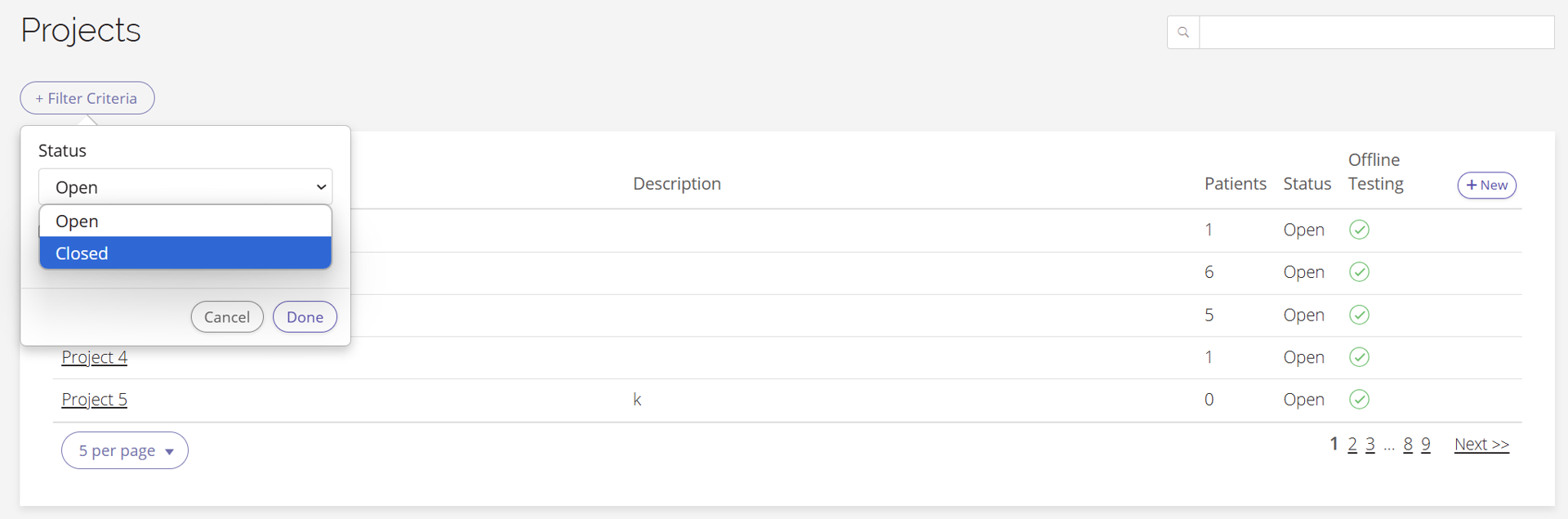A screenshot of the Projects page being filtered for the Closed status.