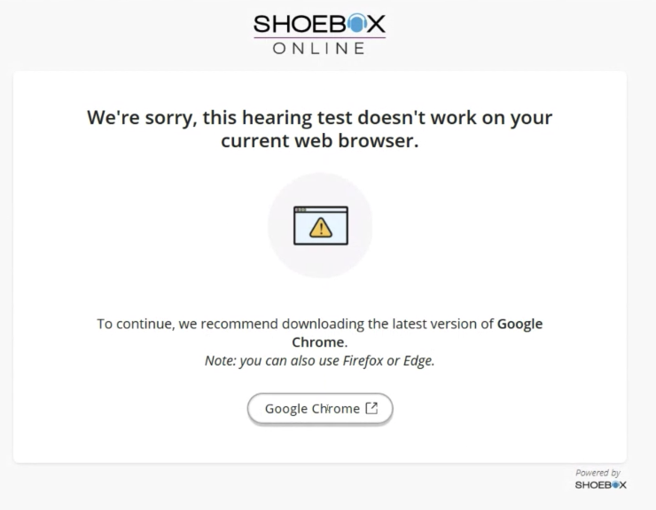 A screenshot of the error message that appears when trying to use SHOEBOX Online with an unsupported browser.