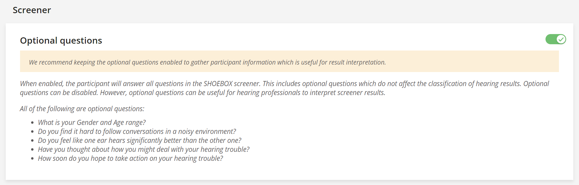 A screenshot of the optional questions setting in SHOEBOX Online.