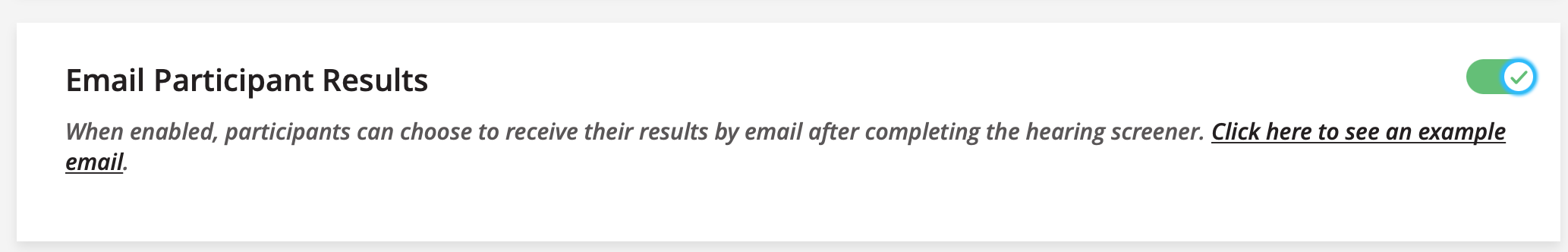 A screenshot of SHOEBOX Online's Email Participant Results setting.