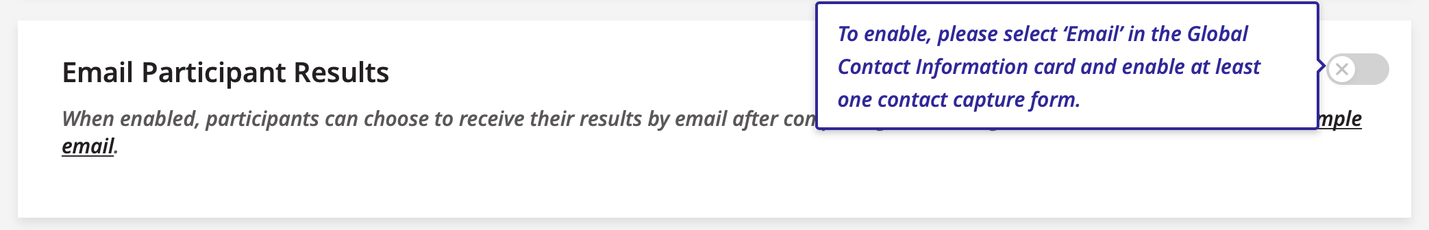 A screenshot of the email participant results warning message.