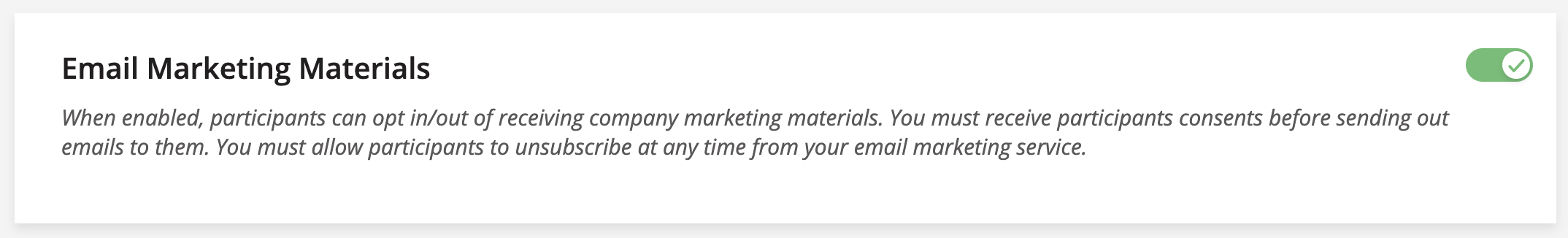 A screenshot of SHOEBOX Online's Email Marketing Materials setting.
