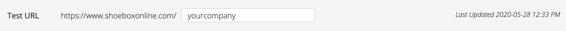 A screenshot of an example SHOEBOX Online test URL.
