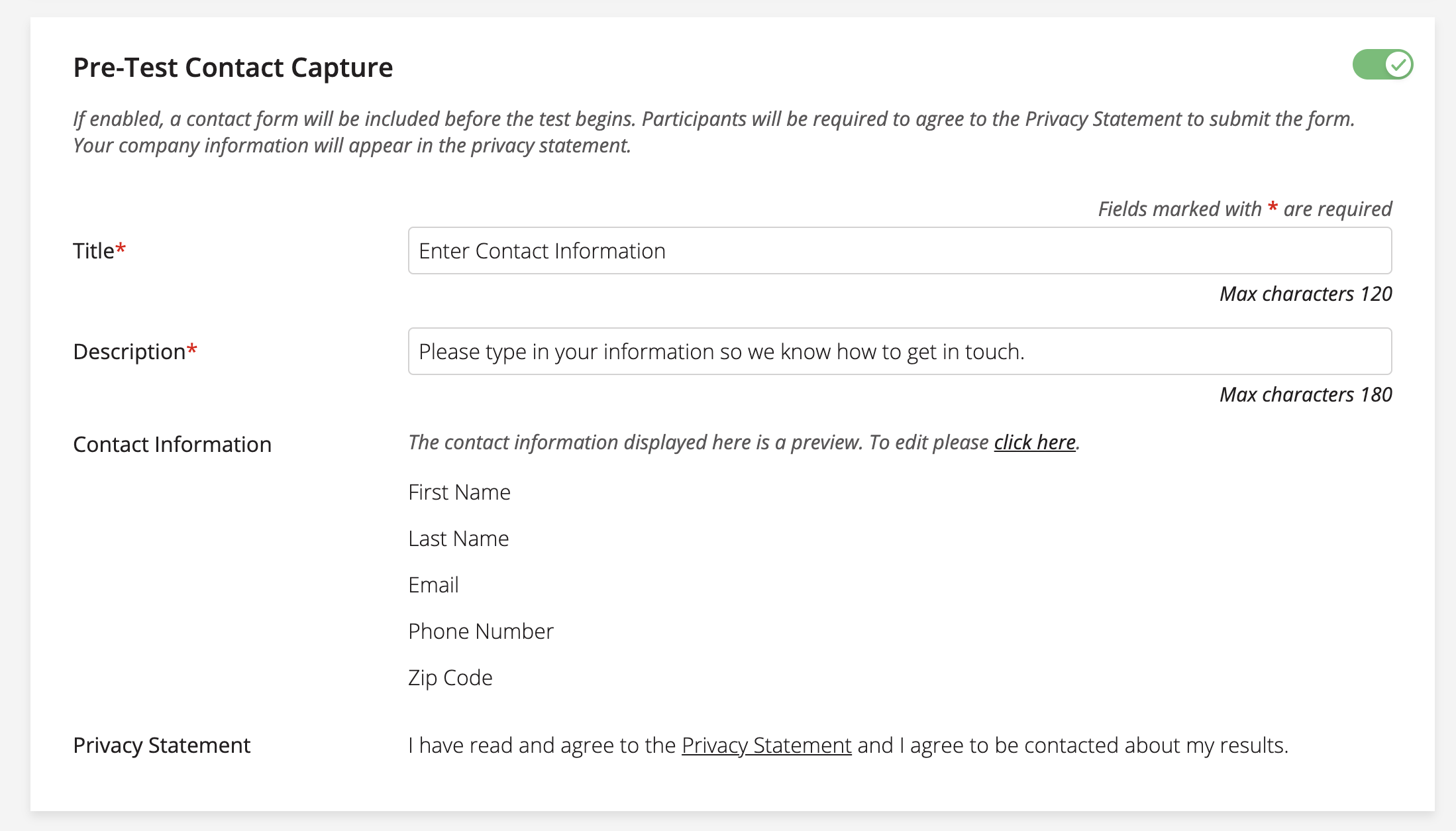 A screenshot of SHOEBOX Online's Pre-Test Contact Capture settings.