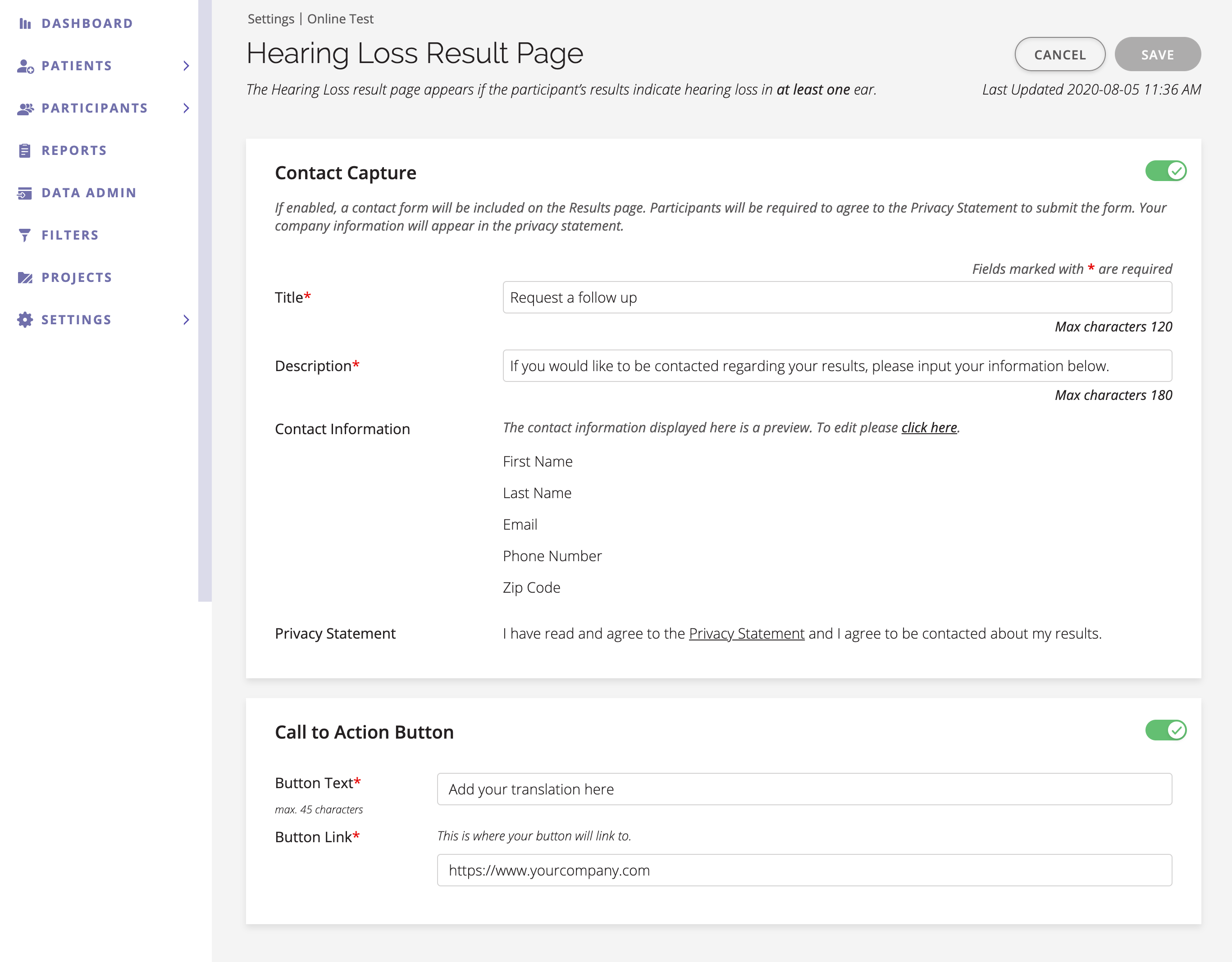 A screenshot of SHOEBOX Online's Hearing Loss Result Page settings.