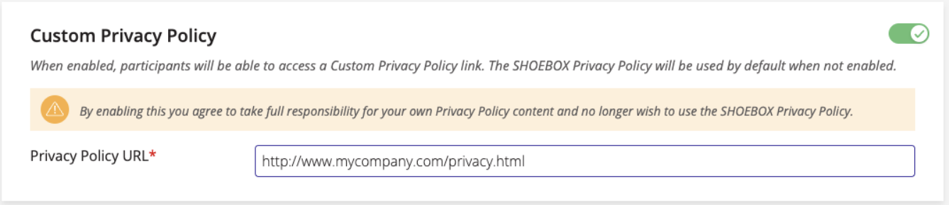 A screenshot of SHOEBOX Online's Custom Privacy Policy setting.