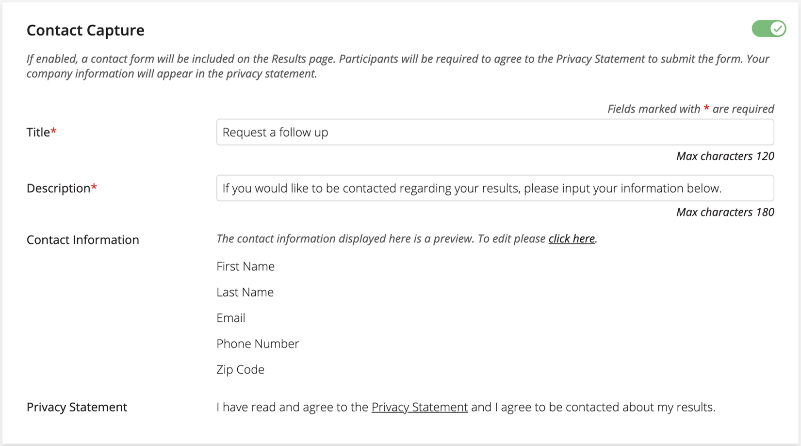 A screenshot of a result page's contact capture settings.