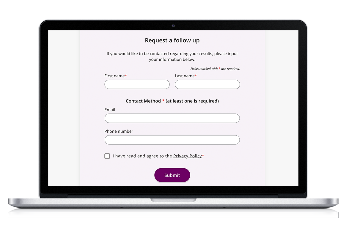 An image of a laptop displaying the post-contact capture form at the end of a SHOEBOX Online test.