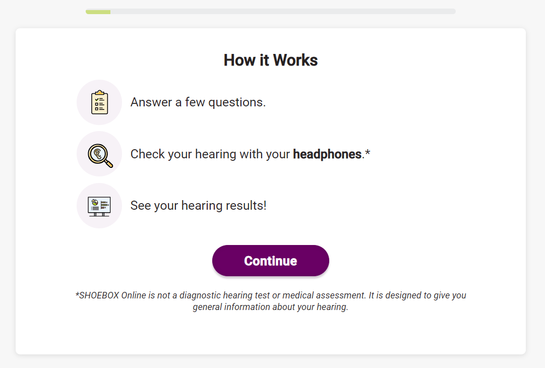 A screenshot of the SHOEBOX Online screener's How It Works screen.