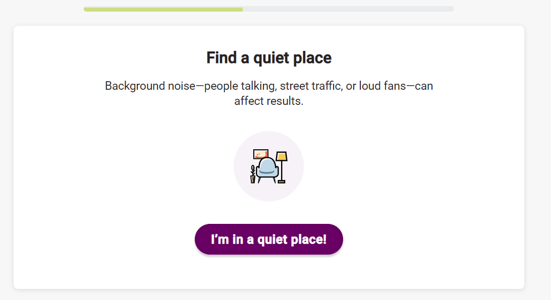 A screenshot of the SHOEBOX Online screener's Find a Quiet Place screen.