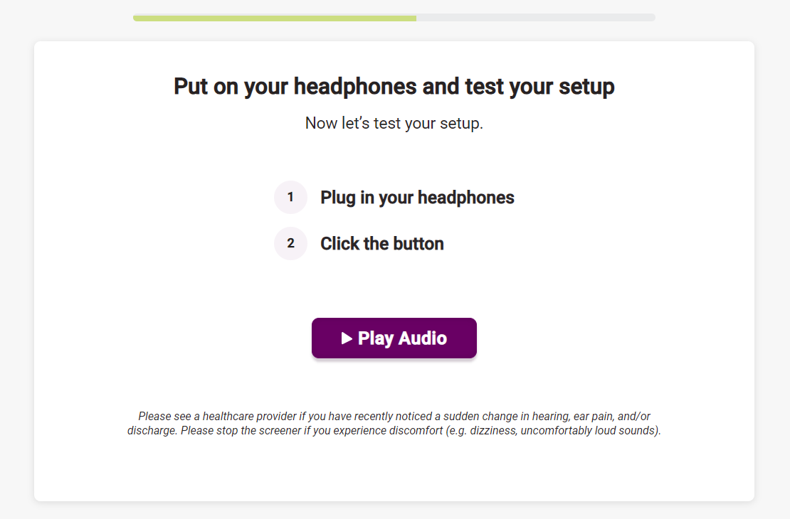A screenshot of the SHOEBOX Online screener's Test Setup screen.