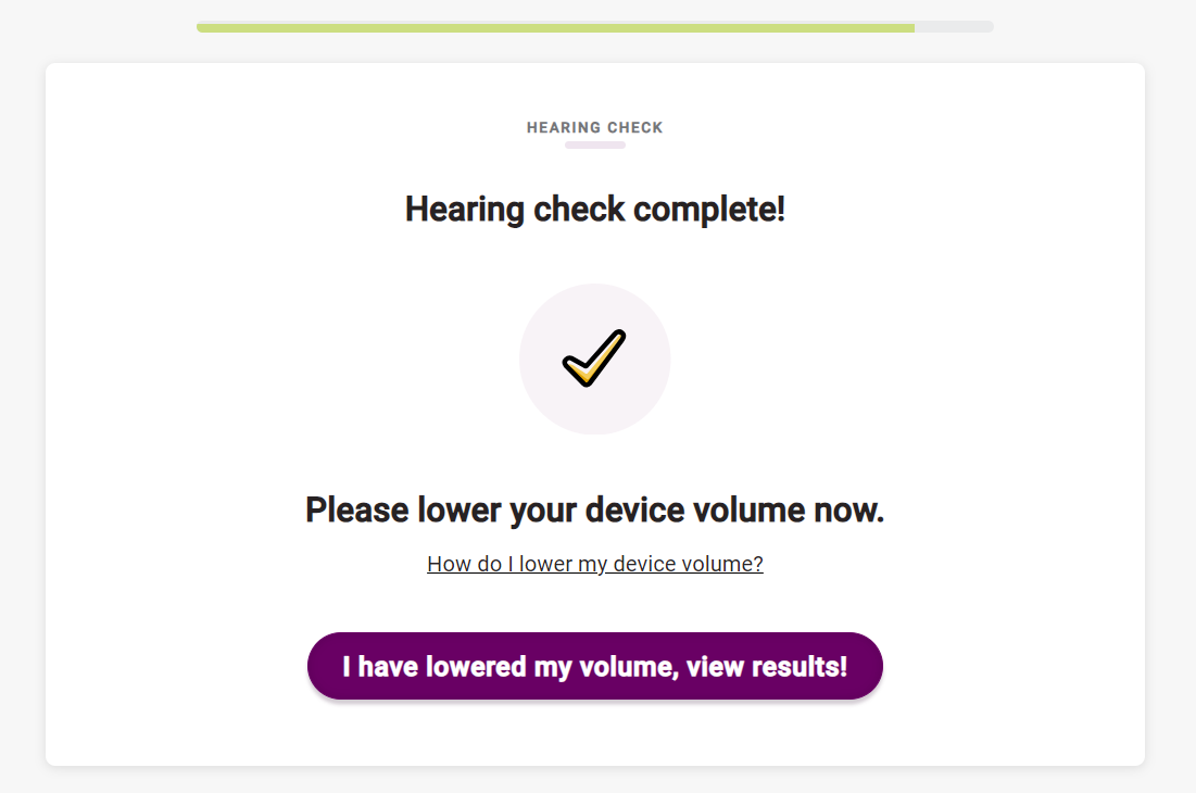 A screenshot of the SHOEBOX Online screener's Hearing Check Completed screen.