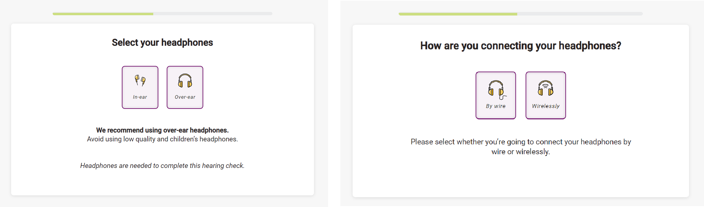 A combined screenshot of the SHOEBOX Online screener's Headphone Selection screens.