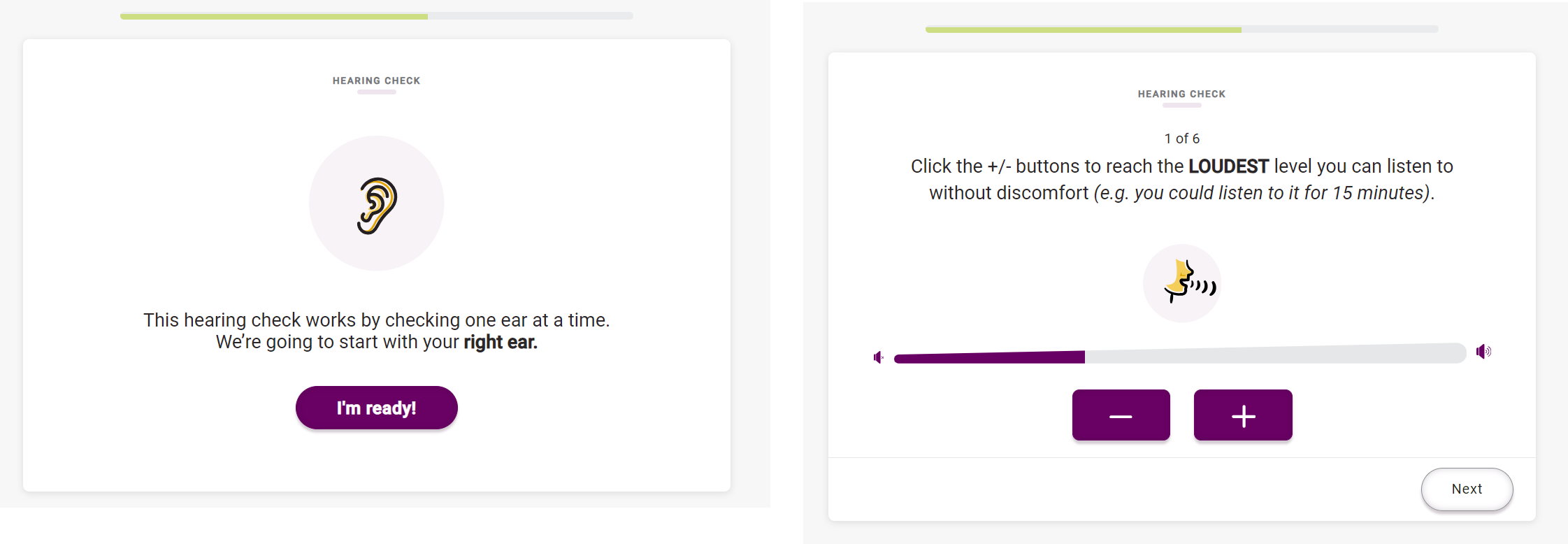 A combined screenshot of the SHOEBOX Online screener's Hearing Check screens.