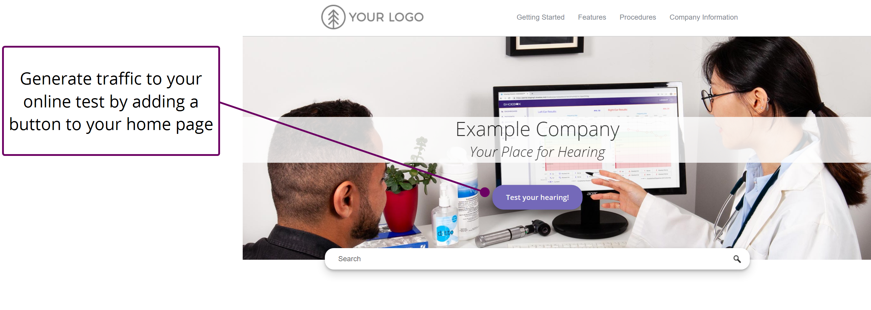 An image with annotations showing a Mock Home Page with Online Test button link