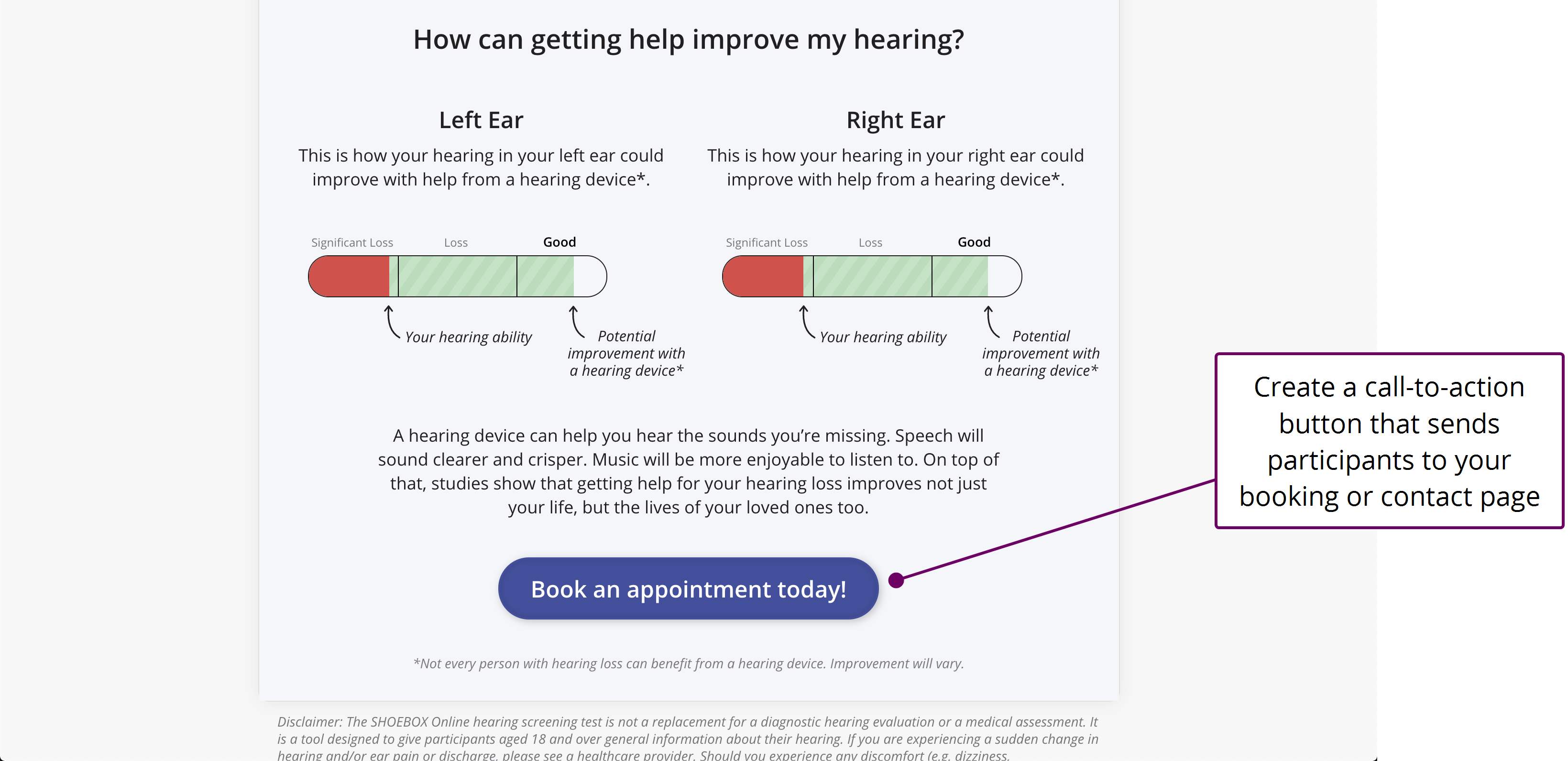An image of an example results page with a call-to-action button,