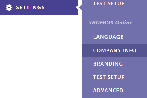 A screenshot of the Data Management Portal side menu with SHOEBOX Online Company Info selected.