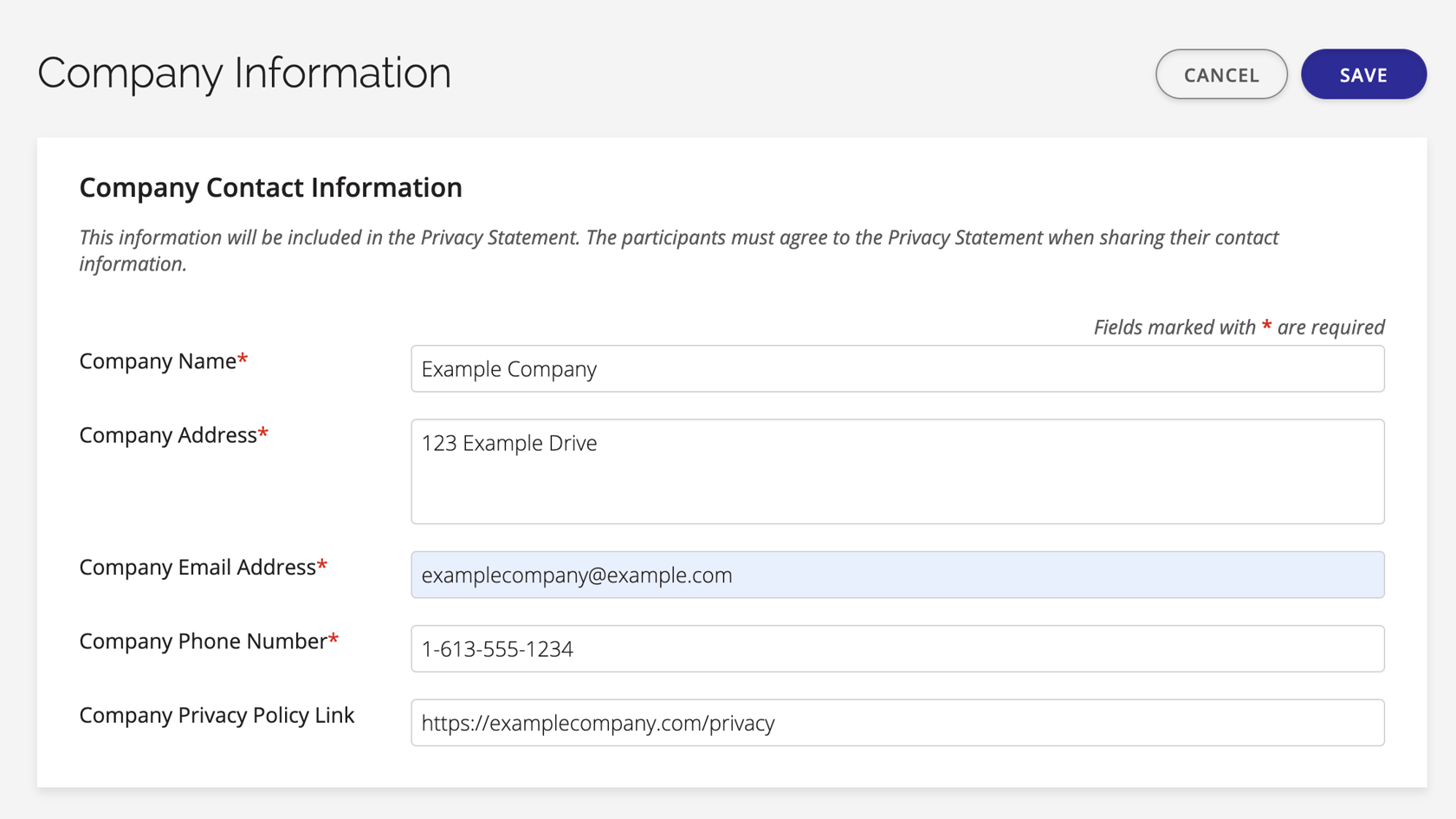 A screenshot of the Company Information settings for SHOEBOX Online
