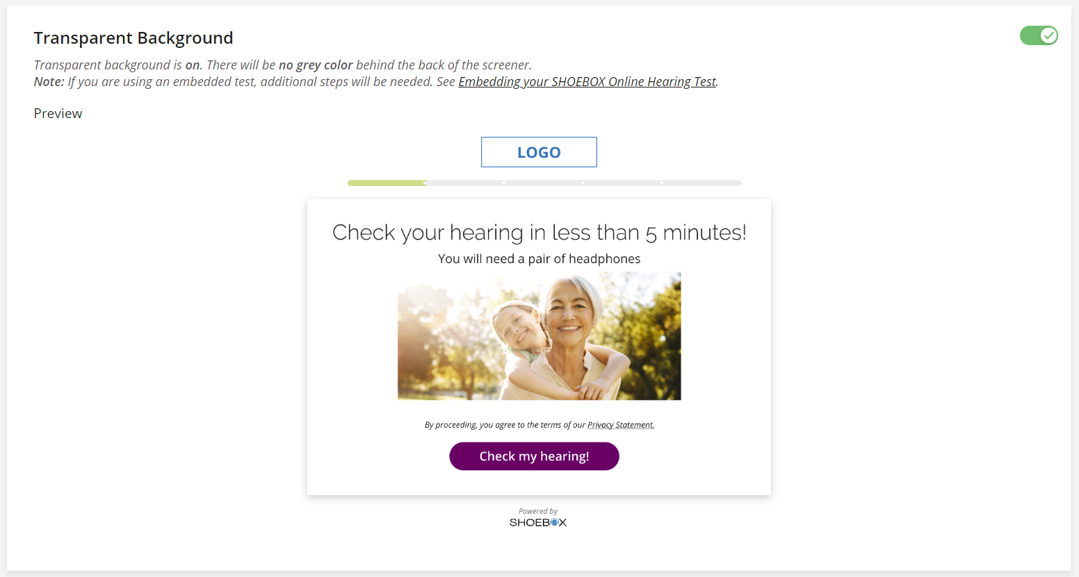A screenshot of the Transparent Background branding setting in SHOEBOX Online.