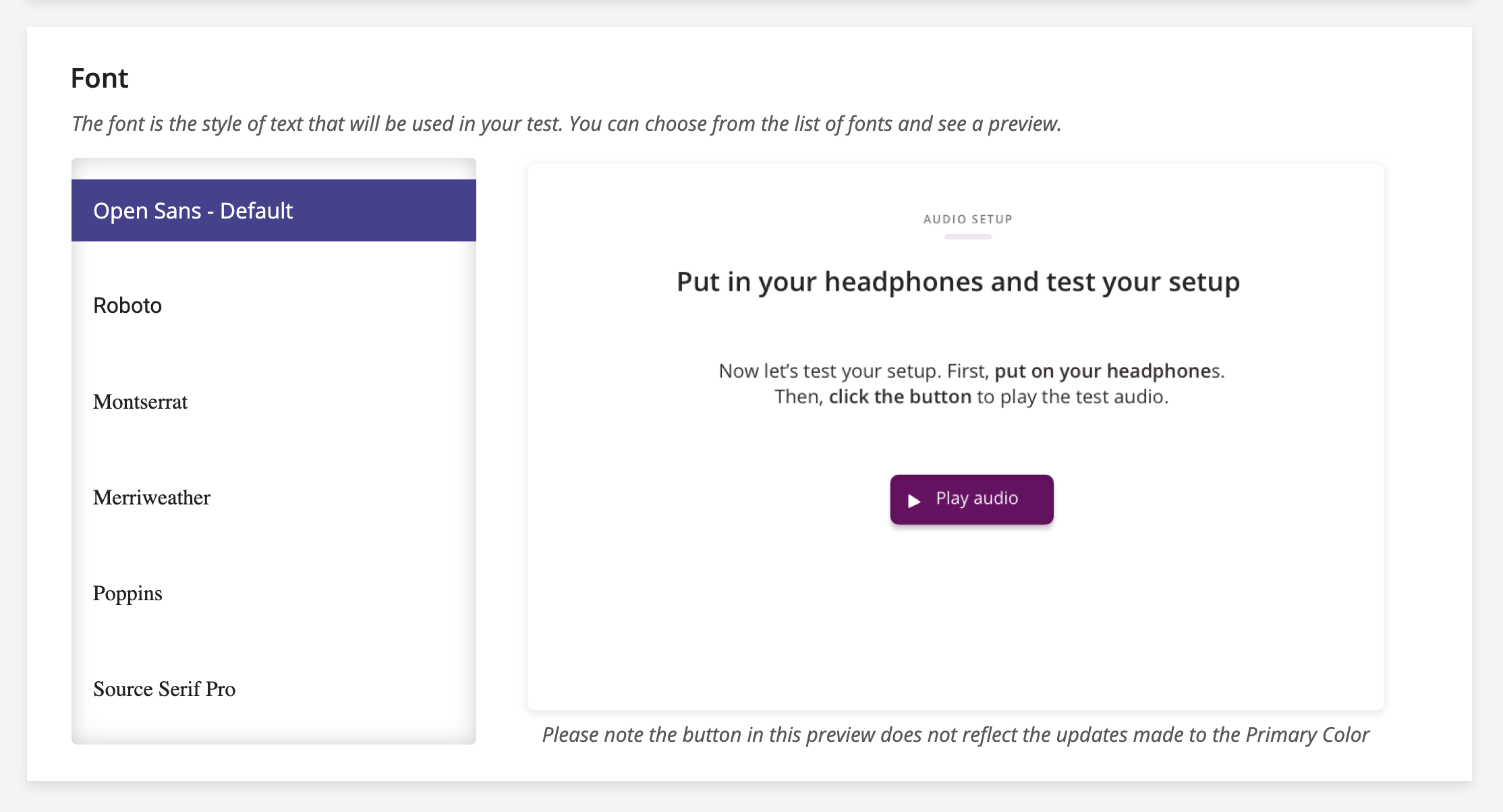 A screenshot of the Font branding setting in SHOEBOX Online.
