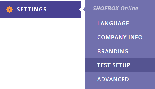 A screenshot of the Data Management Portal side menu with SHOEBOX Online Test Setup selected.