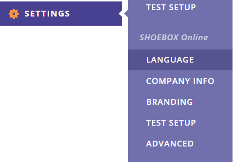 A screenshot of the Data Management Portal side menu with Language selected under SHOEBOX Online.