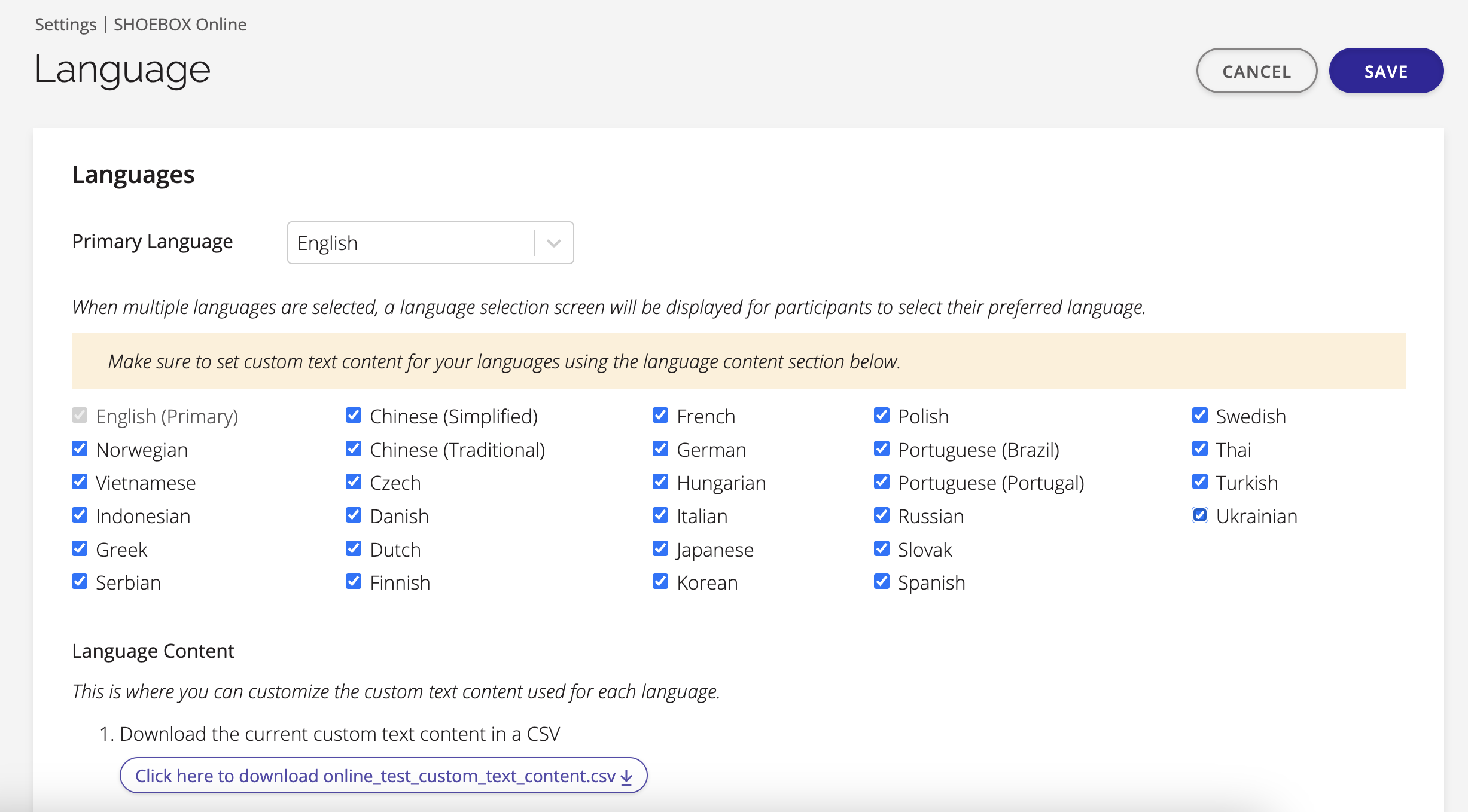 A screenshot of the Language settings in SHOEBOX Online.