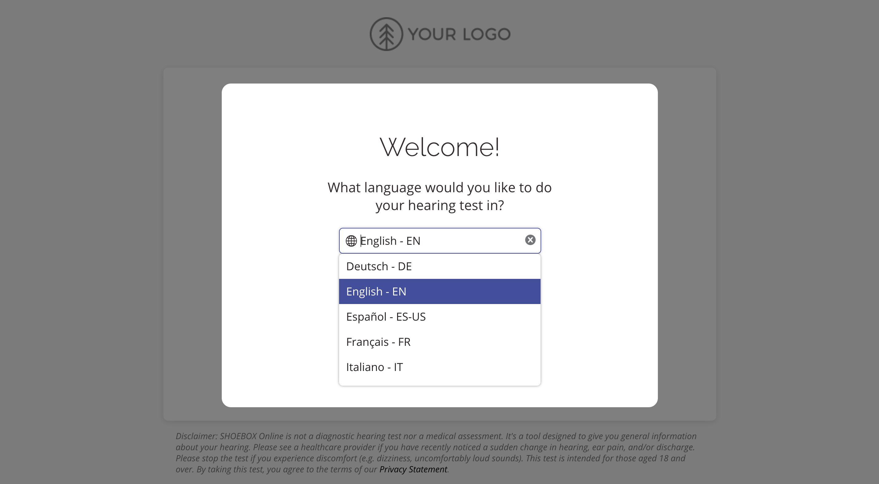 A screenshot of the SHOEBOX Online screener with multiple languages available.