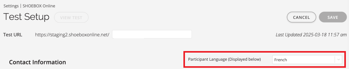A screenshot showing the Participant Language menu on the Test Setup page.