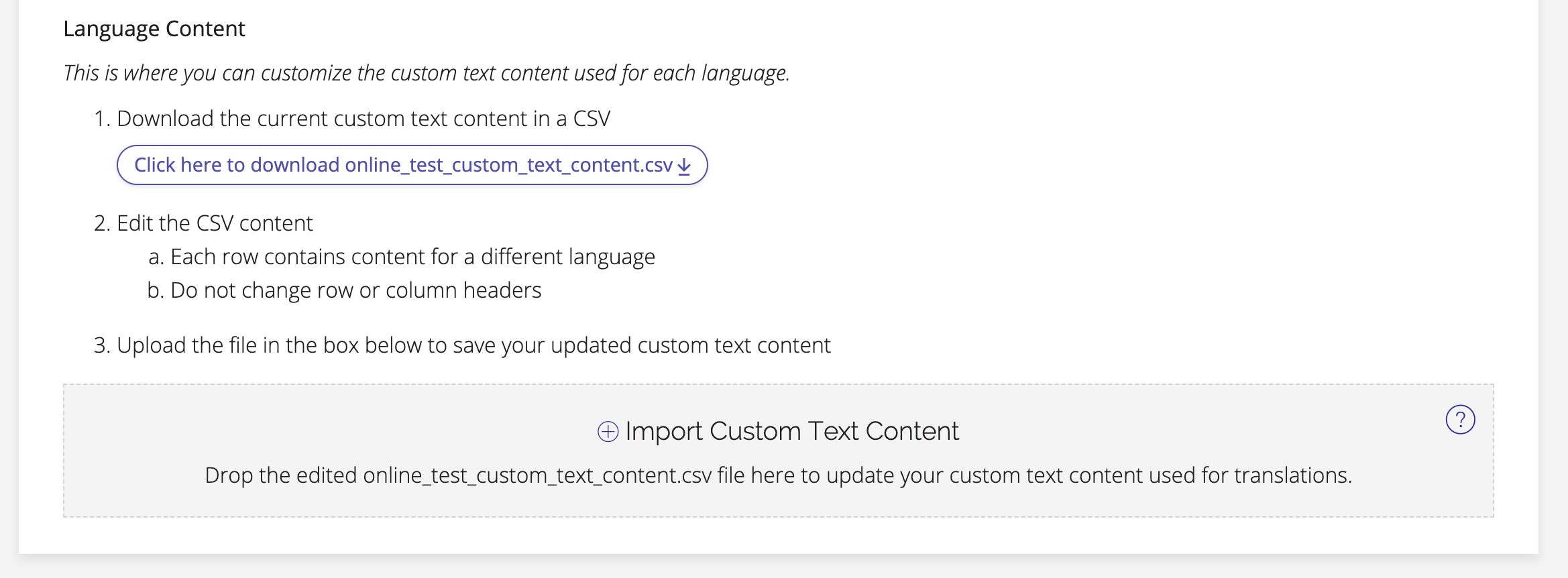 A screenshot of the Language Content settings in SHOEBOX Online.