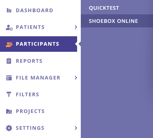 A screenshot of the side menu in the SHOEBOX Data Management Portal.