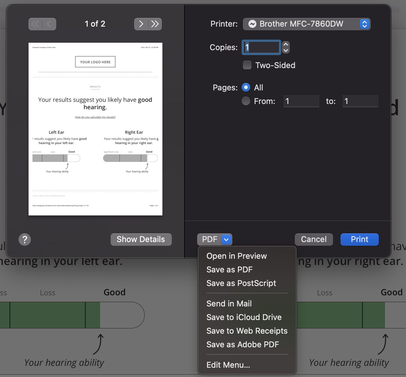 A screenshot of the Print window showing the PDF dropdown menu options.