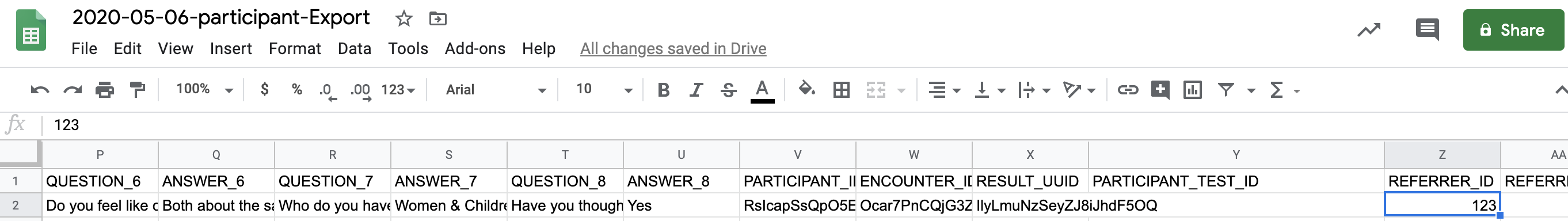 A screenshot of a spreadsheet displaying examples of participation export with the referrer ID highlighted.