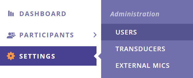 A screenshot of the side menu in the Data Management Portal with Users selected.