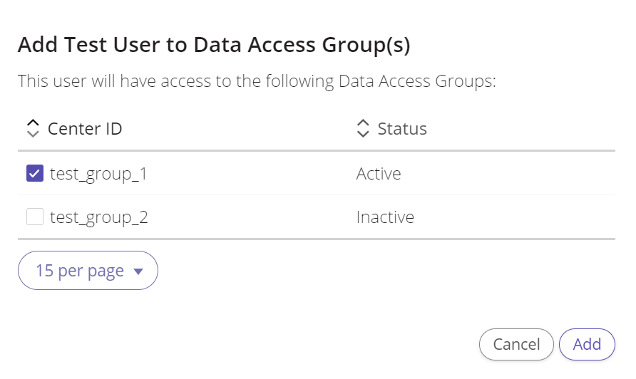 A screenshot of the popup where users can be added to a data access group.