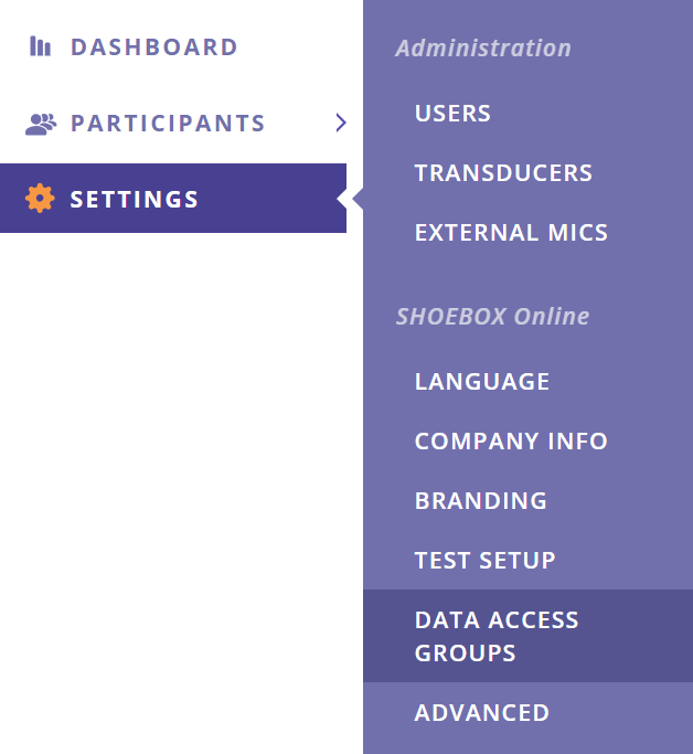 A screenshot of the Data Management Portal side menu with Data Access Groups selected.