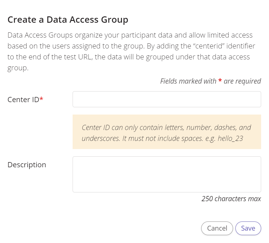 A screenshot of the popup screen for creating a new data access group.