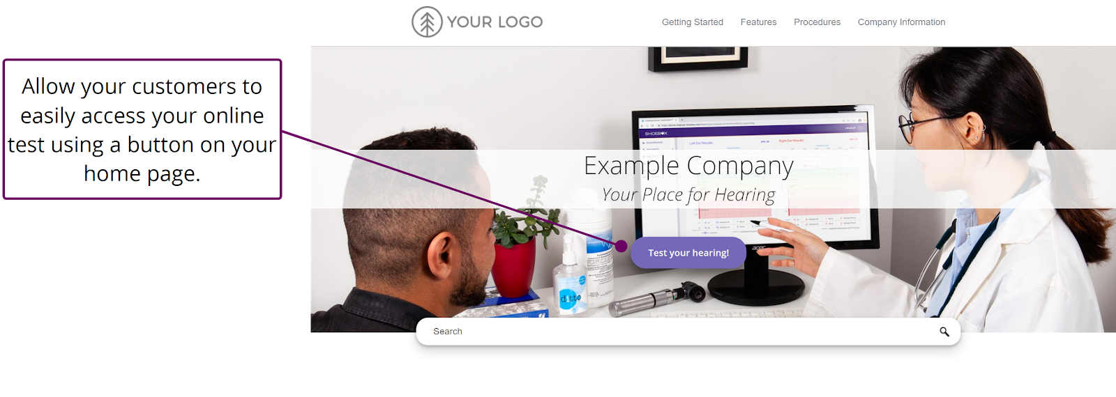 A screenshot of an example website home page with a button linking to an Online Test.