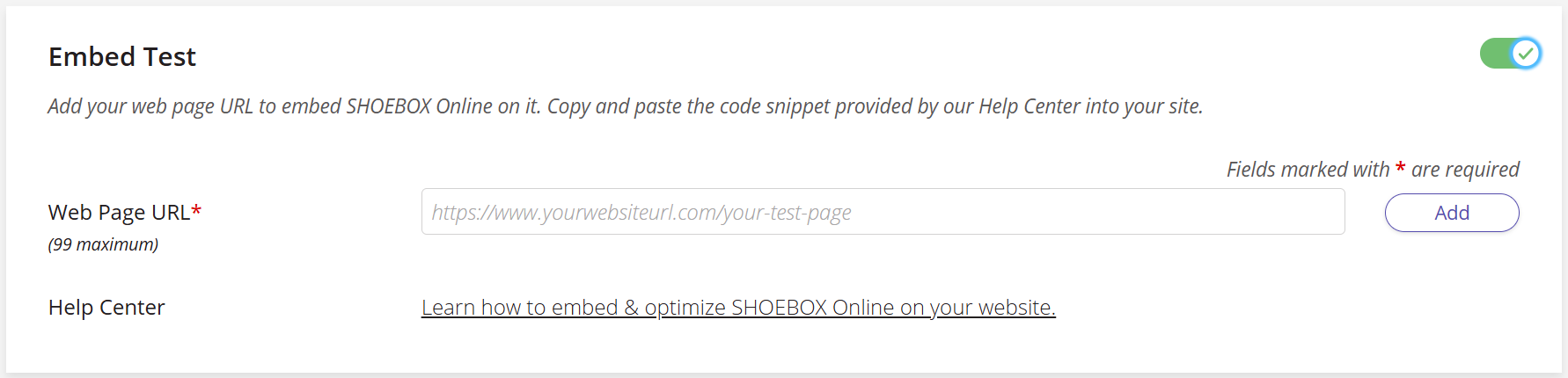 A screenshot of the Embed Test settings for SHOEBOX Online.