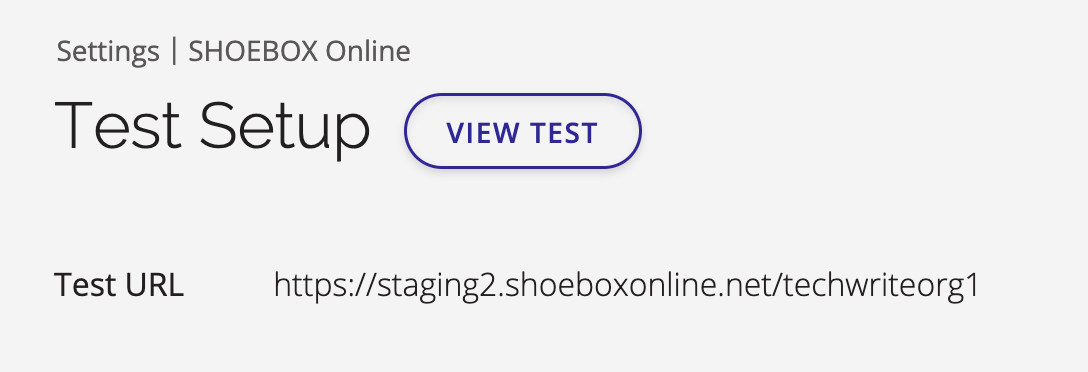 A screenshot of the View Test button and Test URL at the top of the Test Setup page.