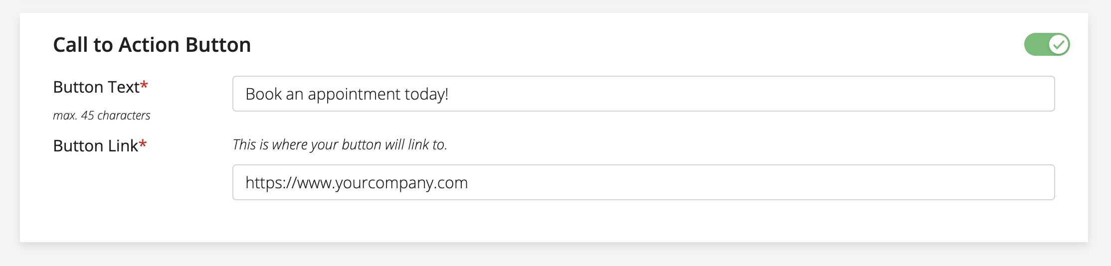 A screenshot of the call-to-action button section in the result page settings.