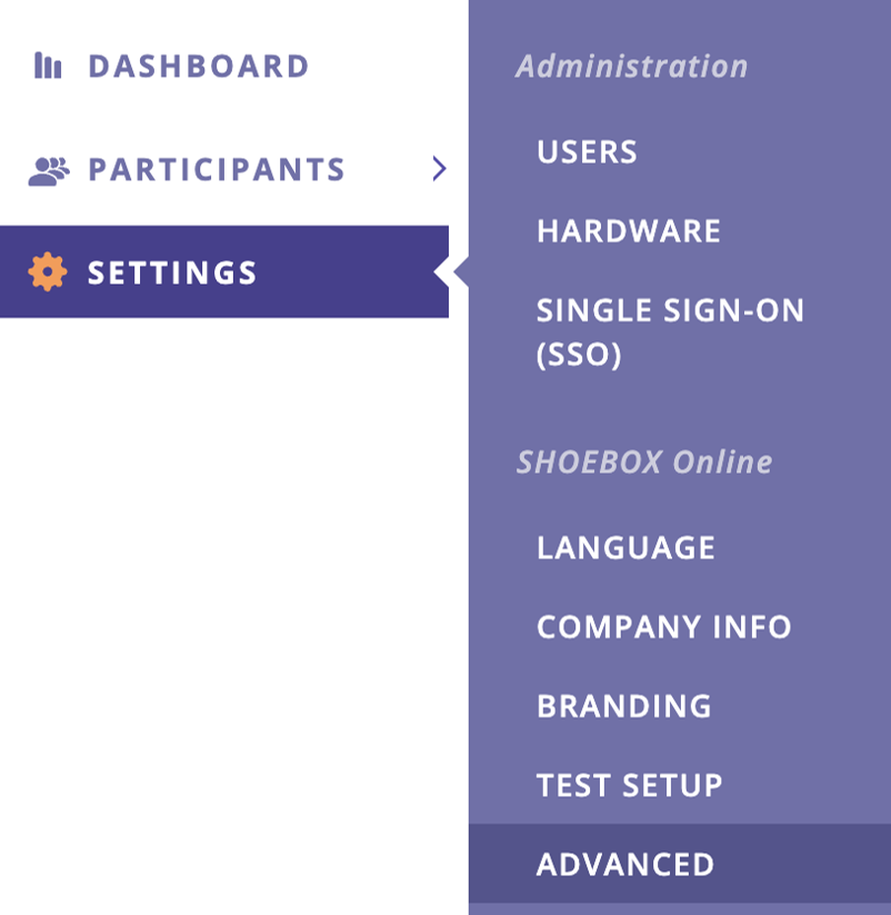 A screenshot of the Settings menu in the Data Management Portal with the Advanced option highlighted.