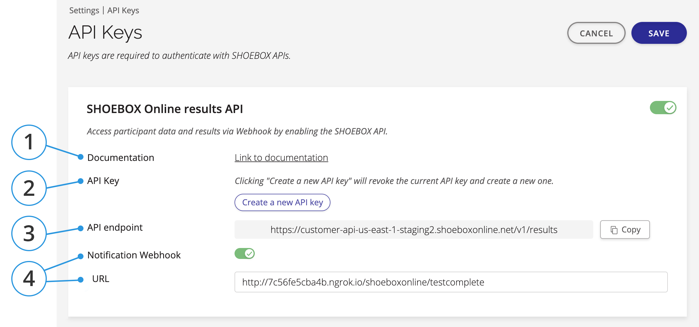 A screenshot of SHOEBOX Online's API settings.