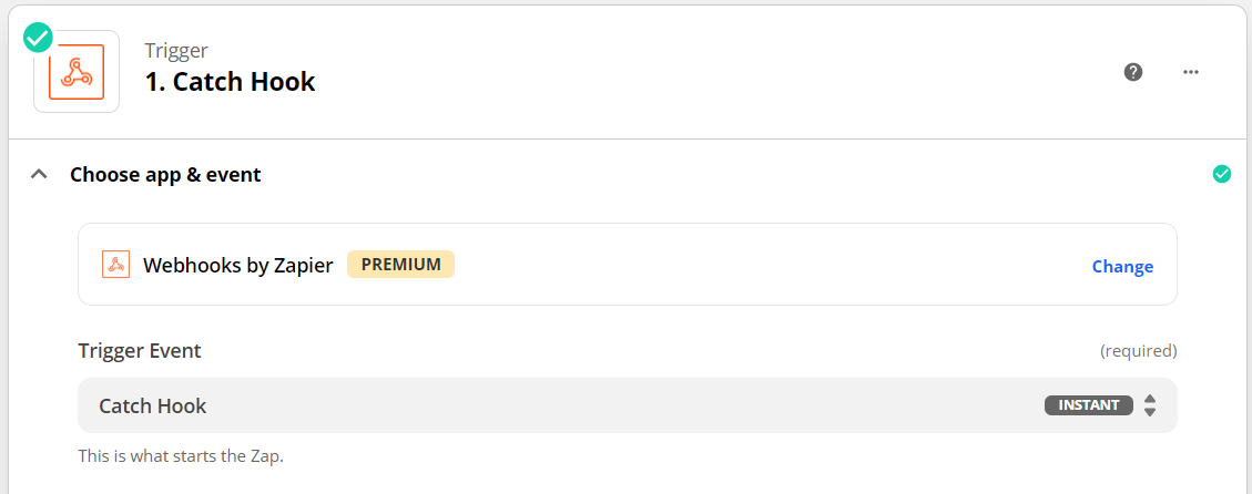 A screenshot showing the Catch Hook settings in Zapier.