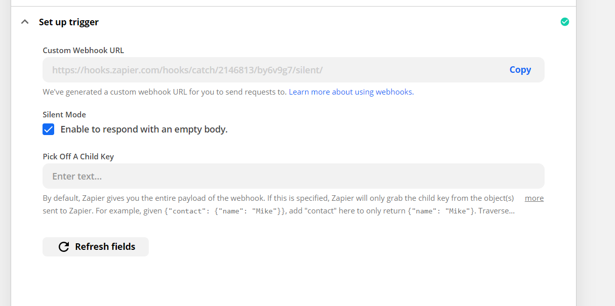 A screenshot showing the Trigger settings in Zapier.