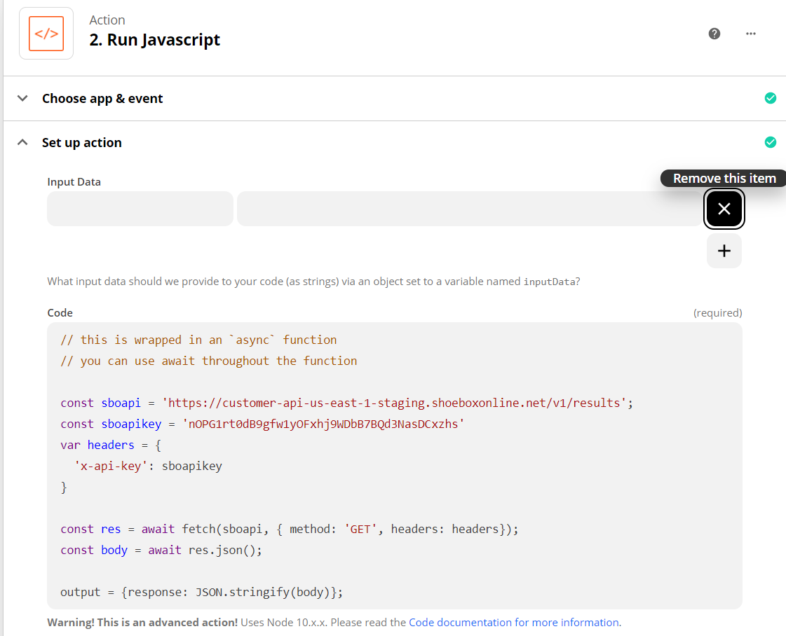 A screenshot showing the Run Javascript settings in Zapier.